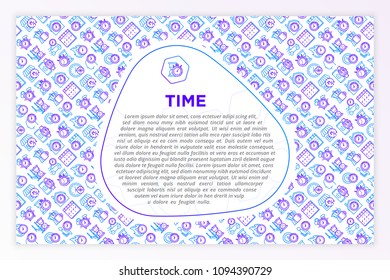 Time concept with thin line icons: coffee time, stopwatch, smart watch, hot time, sale, deadline, alarm, open hours, coundown. Modern vector illustration, template for print media.