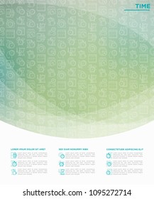 Time concept with thin line icons: coffee time, stopwatch, smart watch, hot time, sale, deadline, alarm, open hours, coundown. Modern vector illustration, template for print media.