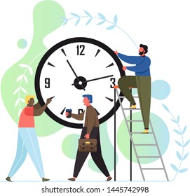 Time is up concept vector flat style design illustration. Tiny characters business people trying to turn back hands of huge clock. Time management concept for web banner, website page etc.