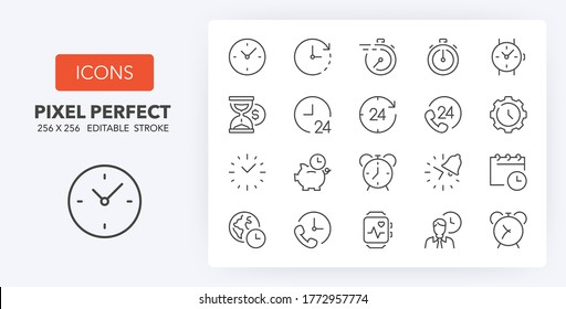 Time concepts and clocks thin line icon set. Outline symbol collection. Editable vector stroke. 256x256 Pixel Perfect scalable to 128px, 64px...