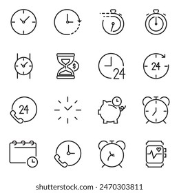 Time concepts and clocks thin line icon set. Outline symbol collection