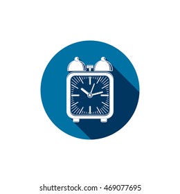 Time conceptual stylish icon, simple desk clock placed in a circle. Can be used in advertising and as web element.