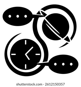 Time Continuum icon represented by clock, planet Black Filled style.