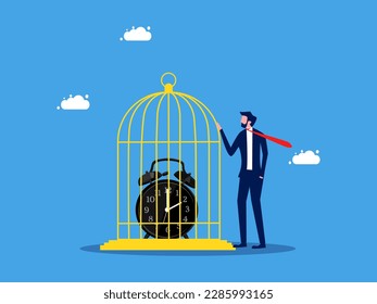 Time control. Businessman locks a clock in a birdcage. business concept