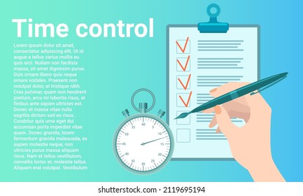 Control de tiempo.Concepto de gestión de plazos y plazos.Concepto de ahorro de tiempo.Afiche en estilo empresarial.Ilustración vectorial plana.