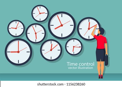 Time control concept. Organization of process. Vector illustration flat design. Isolated on background. Businesswoman standing at wall with clock adjusts time.