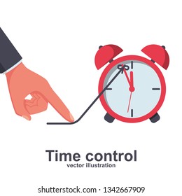 Time control. Deadline concept, business metaphor. Stop clock. Vector illustration flat design. Isolated on white background.  Hand finger holds arrow clock. Pull rope back. Slow down time. 