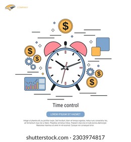 Time control, deadline, schedule, time management, business planning flat contour style vector concept illustration