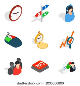 Time control icons set. Isometric set of 9 time control vector icons for web isolated on white background