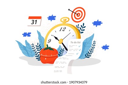 Time control and management. Composition with tools for effective and efficient work. Watch, pomodoro tracker, goal list - flat vector illustration.