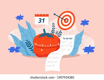 Zeitkontrolle und Zeitmanagement. Komposition mit Werkzeugen für effektive und effiziente Arbeit. Pass auf, Pomodoro-Tracker, Tor-Liste - flache Vektorgrafik.