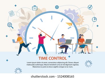 Time Control and Planning. Project Management and Workflow Development. Profitable Business. Flat Poster. Cartoon Workers in Metaphor Office Doing Job. Vector Huge Alarm Clock Illustration