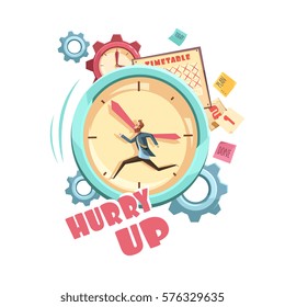 Diseño de caricaturas retro de control de tiempo con el hombre en ejecución en el programa de fondo del reloj e ilustración vectorial de los indicadores grises