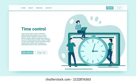 Time control.Time management and deadline.People on the background of a big clock and a list of tasks.An illustration in the style of a green landing page.