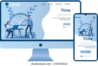 Time control.Time-management.Planning and solving tasks.People at the Desk .Site template, landing page concept.The adaptive design.The screen of the smartphone and the computer.Vector illustration.