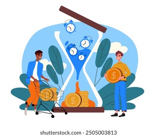 El tiempo se convierte en dinero. Hombres cerca del Grande reloj de arena convirtiendo relojes en monedas. Alfabetización financiera e ingresos pasivos. Emprendedor, comerciante e inversor. Ilustración vectorial plana