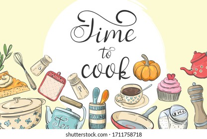 Time to cook. Banner with cooking utensils and food