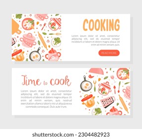 Time to cook horizontal landing page templates set. Cooking school, culinary class, food studio web pages design vector