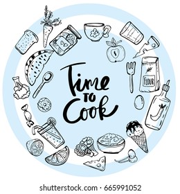 Time to Cook Lettering. calligraphy logo. sketch style.  Hand drawn vector illustration.