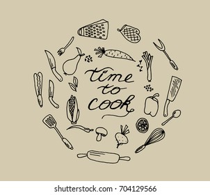 Time to cook on color background. Set frame, vegetables, kitchen tools, food. Vector illustration.