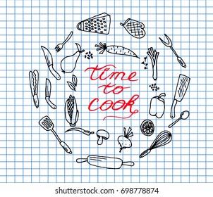 Time to cook on copybook background. Set frame, vegetables, kitchen tools, food. Vector illustration.