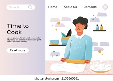 Time for cook vector landing page template. The smiling man rolls out the dough in the kitchen. Cartoon character preparing homemade pastry or baking. Kitchen utensils, cozy atmosphere.