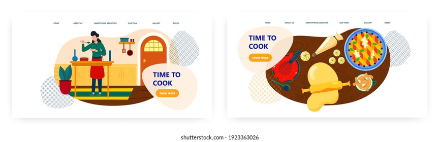 Time to cook vector website landing page template. Woman preparing food in kitchen. Cooking classes.