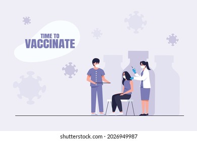 Time to Coronavirus vaccination vector illustration concept. Happy doctor and people showing their arms after receiving covid-19 vaccination for fighting the virus