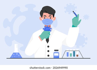 Time to Coronavirus vaccination vector illustration concept. Biochemical researchers are testing a vaccine against the coronavirus COVID-19 to keep up with the virus' mutation. 