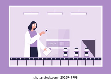 Time to Coronavirus vaccination vector illustration concept. Biochemical researchers are testing a vaccine against the coronavirus COVID-19 to keep up with the virus' mutation. 