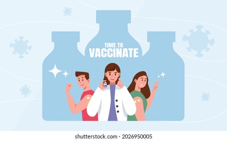 Time to Coronavirus vaccination vector illustration concept. Happy doctor and people showing their arms after receiving covid-19 vaccination for fighting the virus