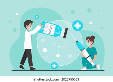 Time to Coronavirus vaccination vector illustration concept. Doctors recommend coronavirus prevention by wearing masks and vaccinating against COVID-19. people go for vaccination against virus 