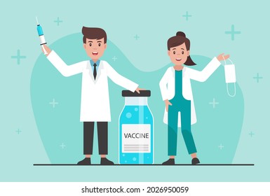 Tiempo hasta el concepto de ilustración vectorial de vacunación de Coronavirus. Los médicos recomiendan la prevención del coronavirus usando máscaras y vacunando contra COVID-19