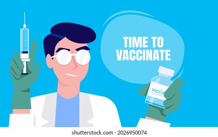 Time to Coronavirus vaccination vector illustration concept. Doctors advise what to do when infected with coronavirus, COVID-19. Medications and vaccines should be followed by doctor's instructions.