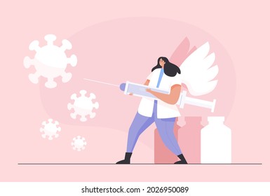 Time to Coronavirus vaccination vector illustration concept. Doctors serve like angels to fight the population's coronavirus covid 19 infection. 