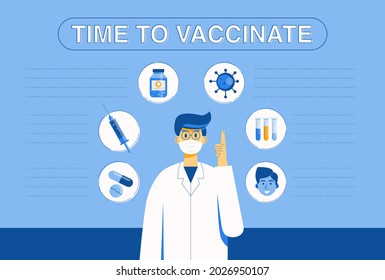 Time to Coronavirus vaccination vector illustration concept. Doctors advise what to do when infected with coronavirus, COVID-19. Medications and vaccines should be followed by doctor's instructions. 