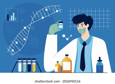 Time to Coronavirus vaccination vector illustration concept. Biochemical researchers are testing a vaccine against the coronavirus COVID-19 to keep up with the virus' mutation. 