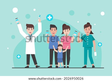 Time to Coronavirus vaccination vector illustration concept. Doctors recommend coronavirus prevention by wearing masks and vaccinating against COVID-19. people go for vaccination against virus 