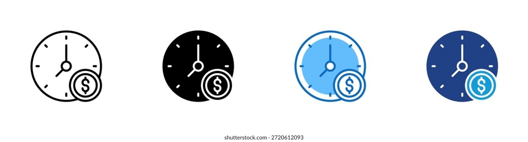 Zeitkosten Multiple Style Icon Design Vector - Uhr mit einem Dollarzeichen-Symbol, das Zeitwert, Kosten oder Abrechnungsrate darstellt
