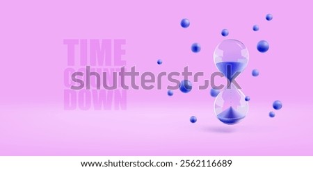 Time count down. Hourglass banner template on pink background. Sandglass with blue sand and fluid round shape particles flow around. Game 3d concept. Hour budget countdown. Abstract realistic render