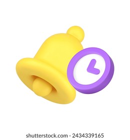 Time counting timer countdown deadline alert reminder watch ring bell 3d icon realistic vector illustration. Timing measure check control awake clock hurry last chance warning notification stopwatch