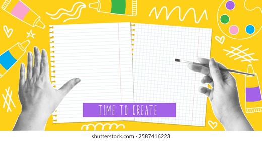 Time to create. Trendy halftone collage banner with hands holding brush and paper sheets. Modern retro style. Retro artistic concept promoting creativity and craftsmanship. Vector  illustration.