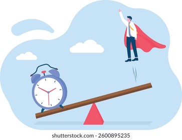 Time creates success. Clock falling on a seesaw to help businessman jump high

