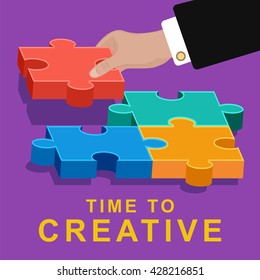 Time to CREATIVE business concept. Hand holding puzzle.Solution and success, strategy and puzzle design, Flat style modern infographic vector illustration hand holding puzzle