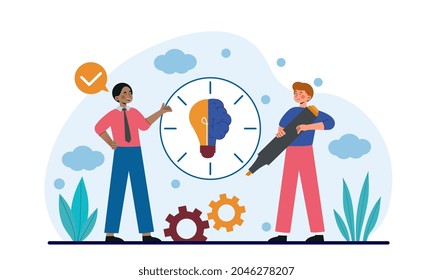 Time of creativity or hour of genius. Employees brainstorm and come up with new ideas for project. Clock with light bulb and brain. Cartoon flat vector illustration isolated on white background