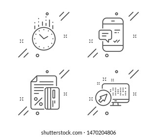 Time, Credit card and Smartphone notification line icons set. Web system sign. Clock, Loan percent, Chat message. Computer. Technology set. Line time outline icon. Vector