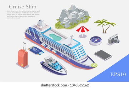 time cruise vacation set, isometric vector illustration on white background.