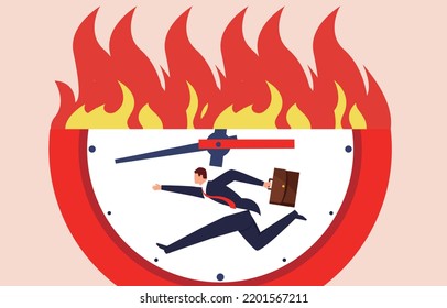 Time crunch, deadline, hurried businessman running inside burning clock, working overtime to finish work