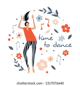 Time to dance. Funny dancing girl. Poster, card for party.  Colorful happy people characters. Cute vector Illustration in flat cartoon style. Female dancer with flowers isolated on white