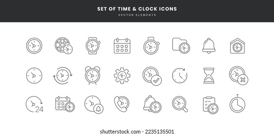 Juego de iconos de línea de reloj y datos de hora. Icono de reloj en estilo plano y línea de moda aislado en el fondo. Iconos para fecha, hora, era, duración, periodo, span, hora, minuto, reloj, temporizador, guardián de tiempo.